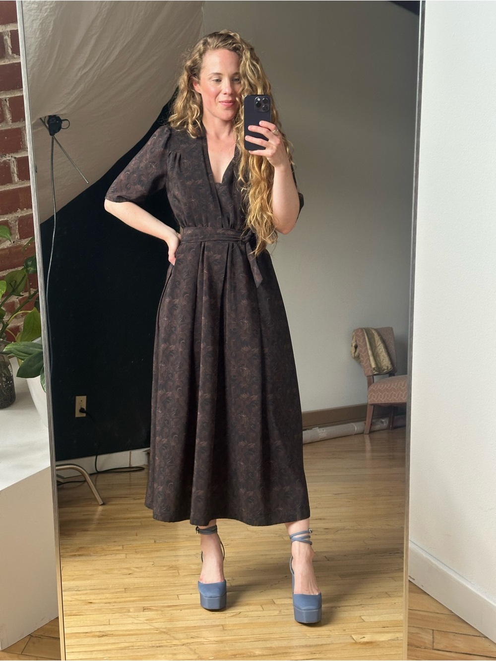 Women's Dark Brown Midi Dress with Belt